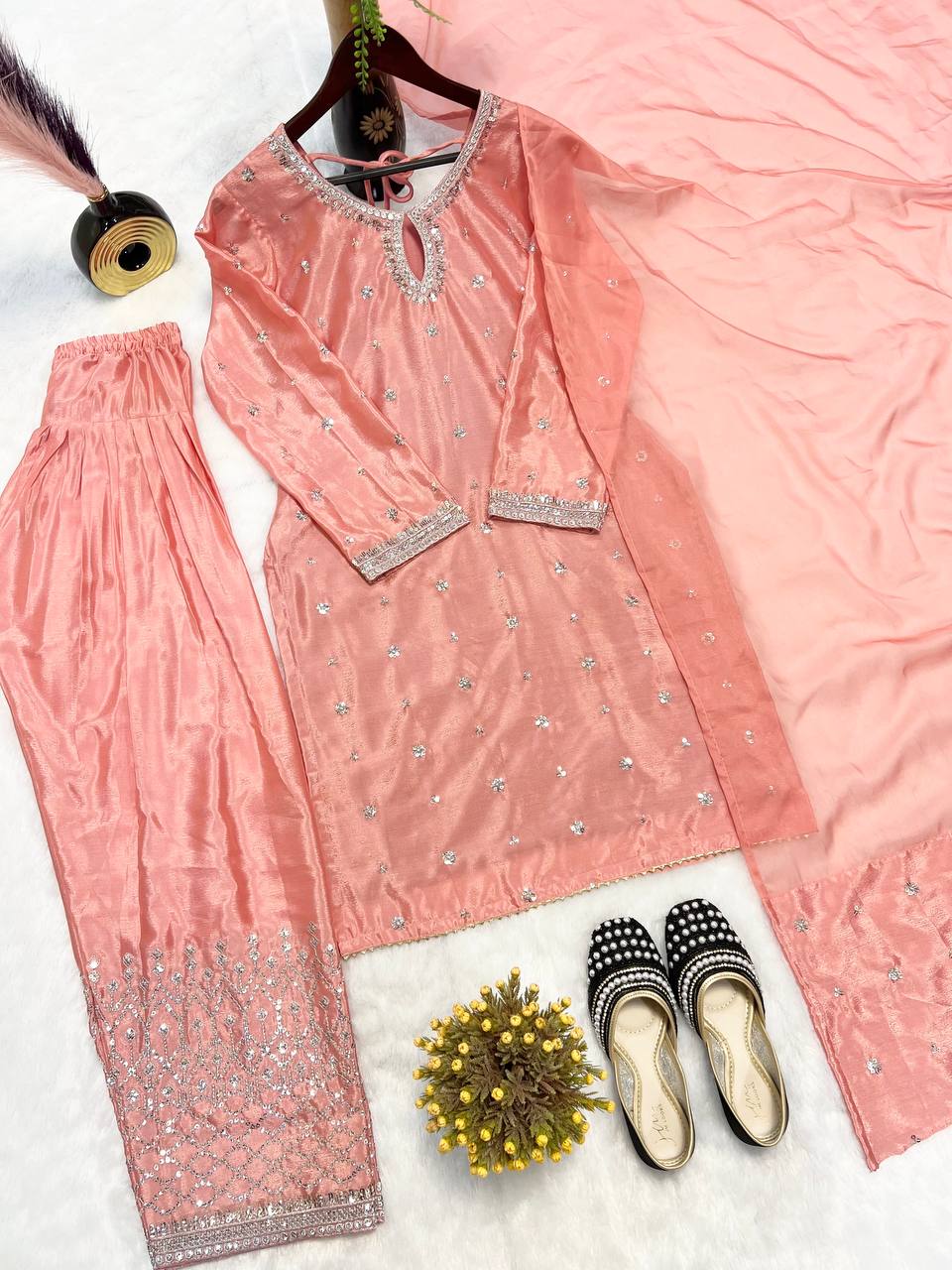 Modern Coral Silver-Trimmed Couture